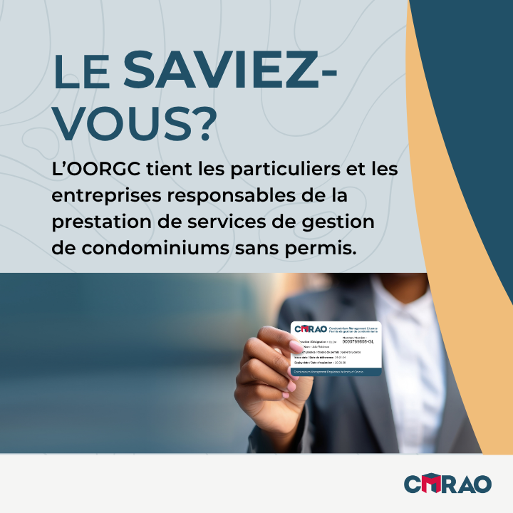 Saviez-vous que l’OORGC traduit en justice les particuliers et les entreprises qui fournissent des services de gestion de condominiums sans permis? L’OORGC s’emploie à protéger les communautés condominiales. En savoir plus : cmrao.ca/fr/newsroom/bl… #ProtectionDesConsommateurs
