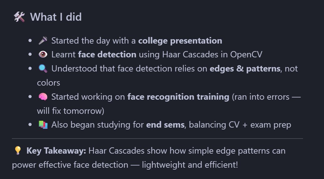 adarsh_4957's tweet image. 📅 Day 32 (Nov 17, 2025) | #LearnWithMe – Face Detection in OpenCV 🤖📸

#OpenCV #Python #FaceDetection #ComputerVision #100DaysOfCode #LearnInPublic