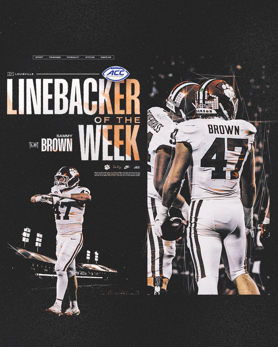 After tallying a team-high 11 tackles, 2.0 tackles for loss and a critical late sack, this week’s ACC Linebacker of the Week is Sammy Brown.

📰: clemsontigers.com/brown-named-ac…