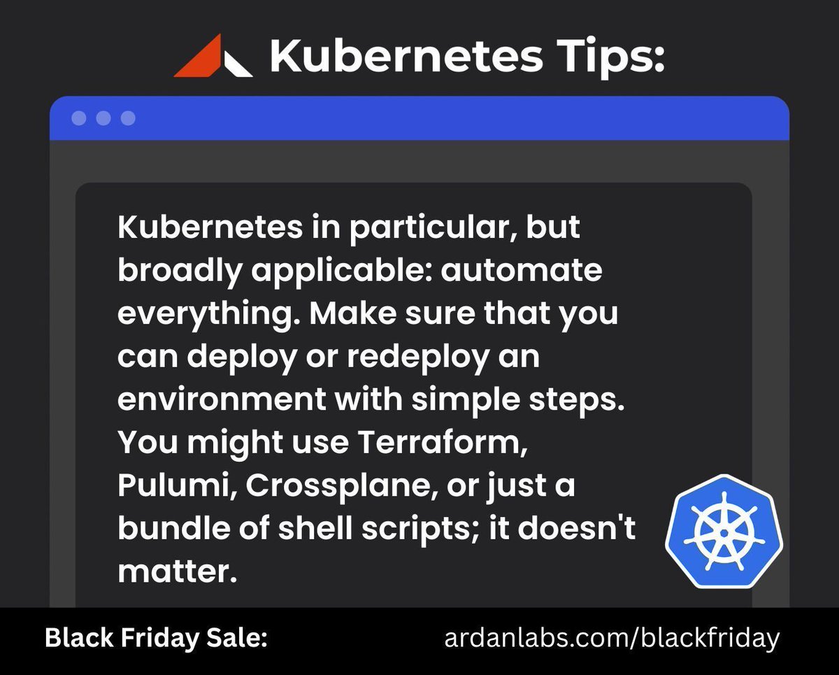 ardanlabs's tweet image. 🐳 DevOps Reminder: 
Kubernetes in particular, but broadly applicable: automate everything. Make sure that you can deploy or redeploy an environment with simple steps. You might use Terraform, Pulumi, Crossplane, or just a bundle of shell scripts; it doesn&apos;t matter.

💡Get…