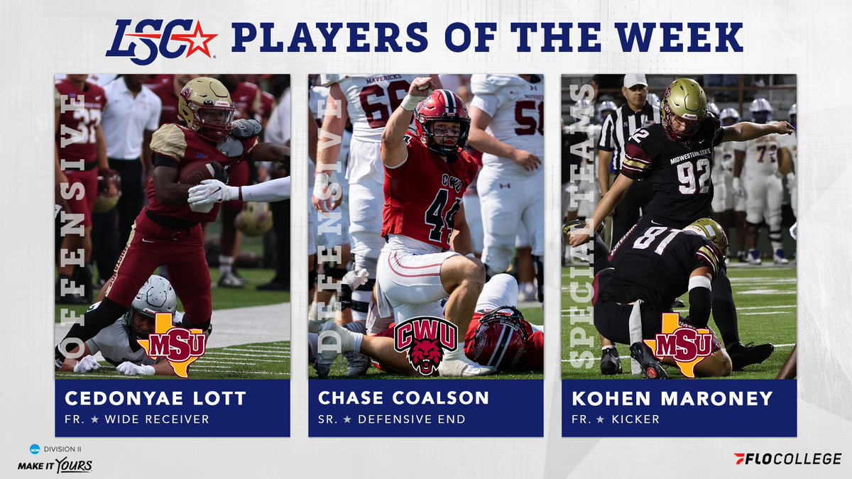 LoneStarConf's tweet image. #LSCfb Players of the Week 🏈

Offensive: Cedonyae Lott, @MSUMustangs 

Defensive: Chase Coalson, @CWUAthletics 

Special Teams: Kohen Maroney, Midwestern State

🔗 bit.ly/4oLGDdn

#D2fb @FloCollegeFB