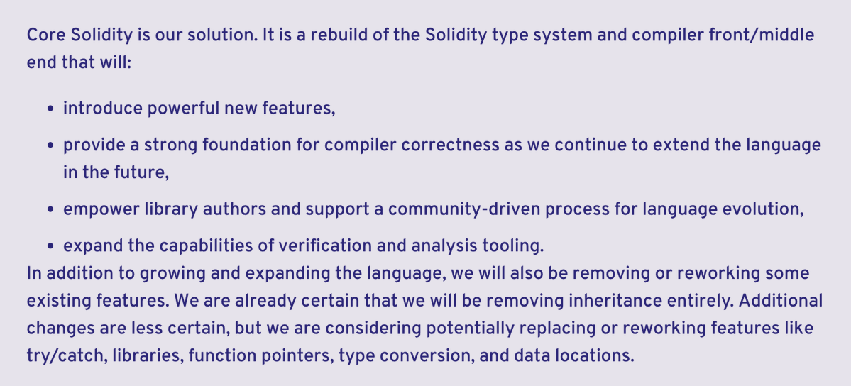 ddimitrovv22's tweet image. A lot of changes are coming to Solidity!🚨

Inheritance will be completely removed. Other features that could be removed or reworked:

- try/catch
- libraries
- function pointers
- type conversion
- data locations
 
This will be significant, check the link below👇