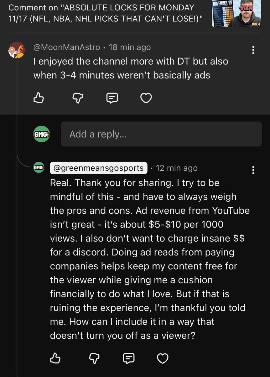 Had this comment today, and it struck me. You can read my reply. To my audience, how do you prefer creators find the balance between making $ and honoring the viewers time?
