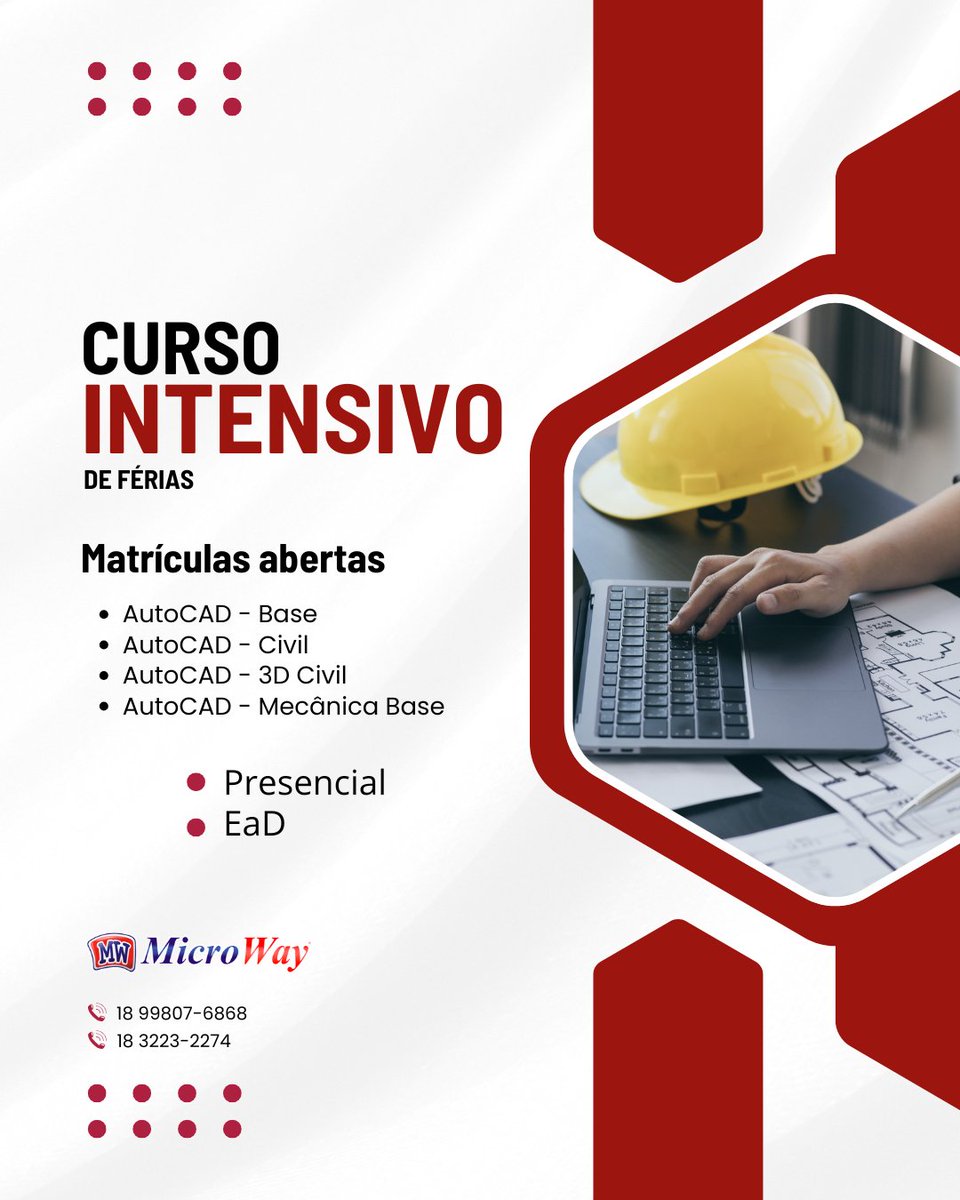 Microwayprudent's tweet image. Quer turbinar suas habilidades em AutoCAD nas férias? 🚀  
Nosso curso intensivo é ideal para quem deseja dominar modelagem 2D/3D, criar desenhos técnicos com precisão e desenvolver projetos profissionais.

microwayprudente.com.br