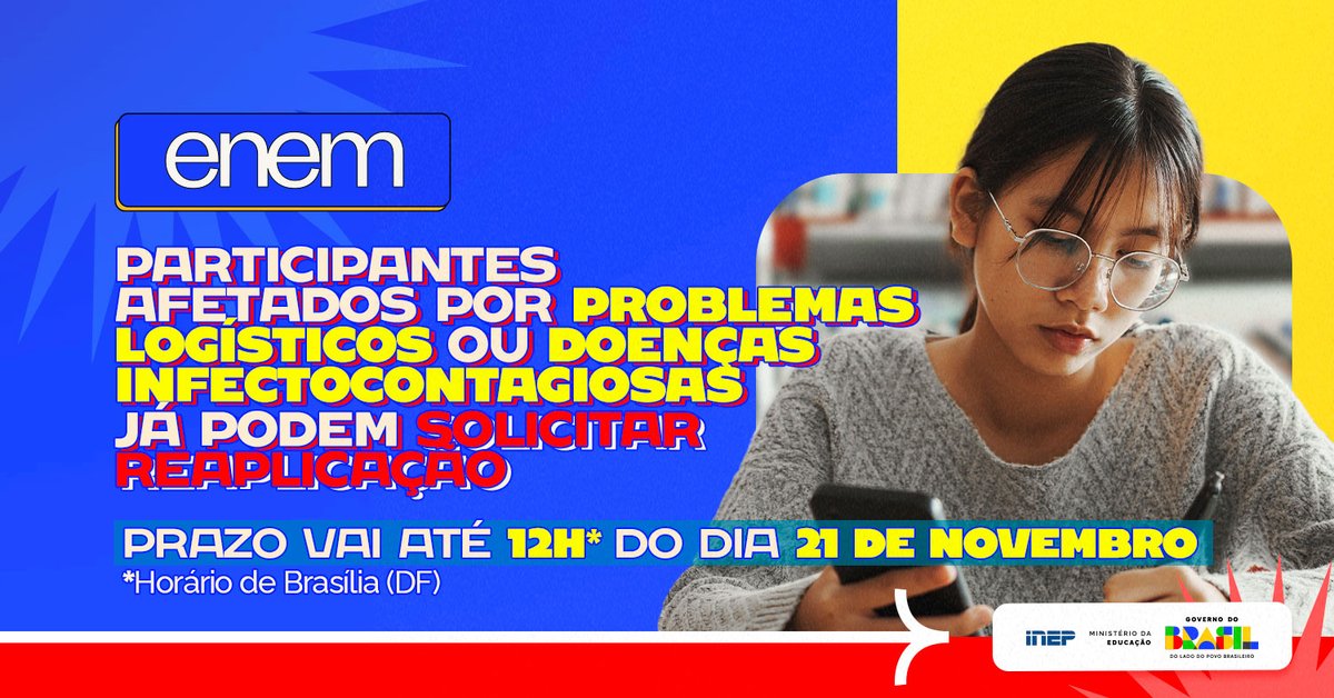 inep_oficial's tweet image. 🗣️ Começou hoje (17) o prazo para solicitar a reaplicação do #Enem2025. Os pedidos devem ser feitos até as 12h do dia 21/11 (horário de Brasília), na Página do Participante.

🗓️ A reaplicação ocorrerá nos dias 16 e 17/12.

📲 Acesse gov.br/inep e confira os critérios.
