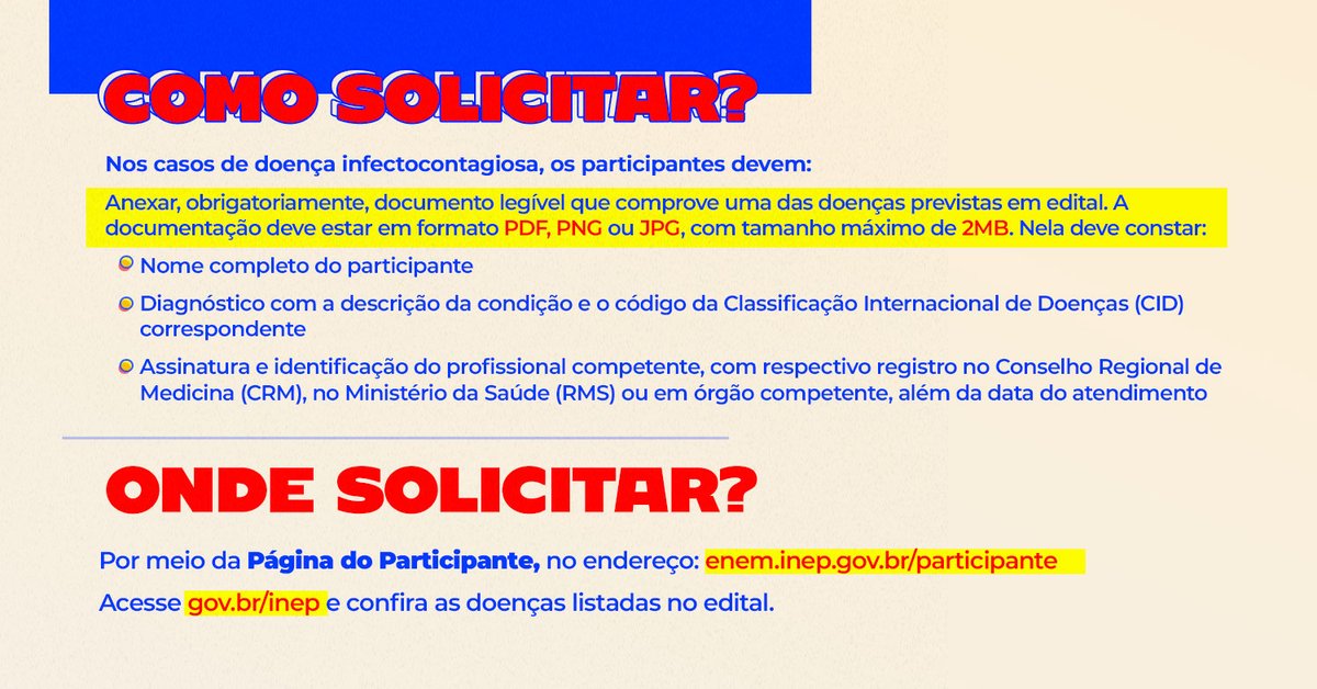 inep_oficial's tweet image. 🗣️ Começou hoje (17) o prazo para solicitar a reaplicação do #Enem2025. Os pedidos devem ser feitos até as 12h do dia 21/11 (horário de Brasília), na Página do Participante.

🗓️ A reaplicação ocorrerá nos dias 16 e 17/12.

📲 Acesse gov.br/inep e confira os critérios.
