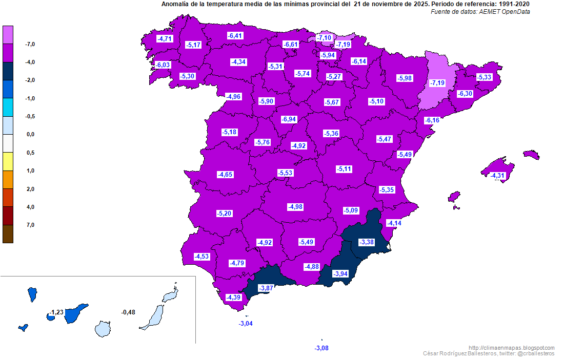 Para objetivar el frío que viene, dejo estos mapas con las #Anomalías de las máximas (izquierda) y de las mínimas (derecha) promediadas por provincia, previstas para el viernes. Por ejemplo en Teruel las máximas serán 8.5ºC inferiores a su valor medio para la fecha. #ClimaEnMapas