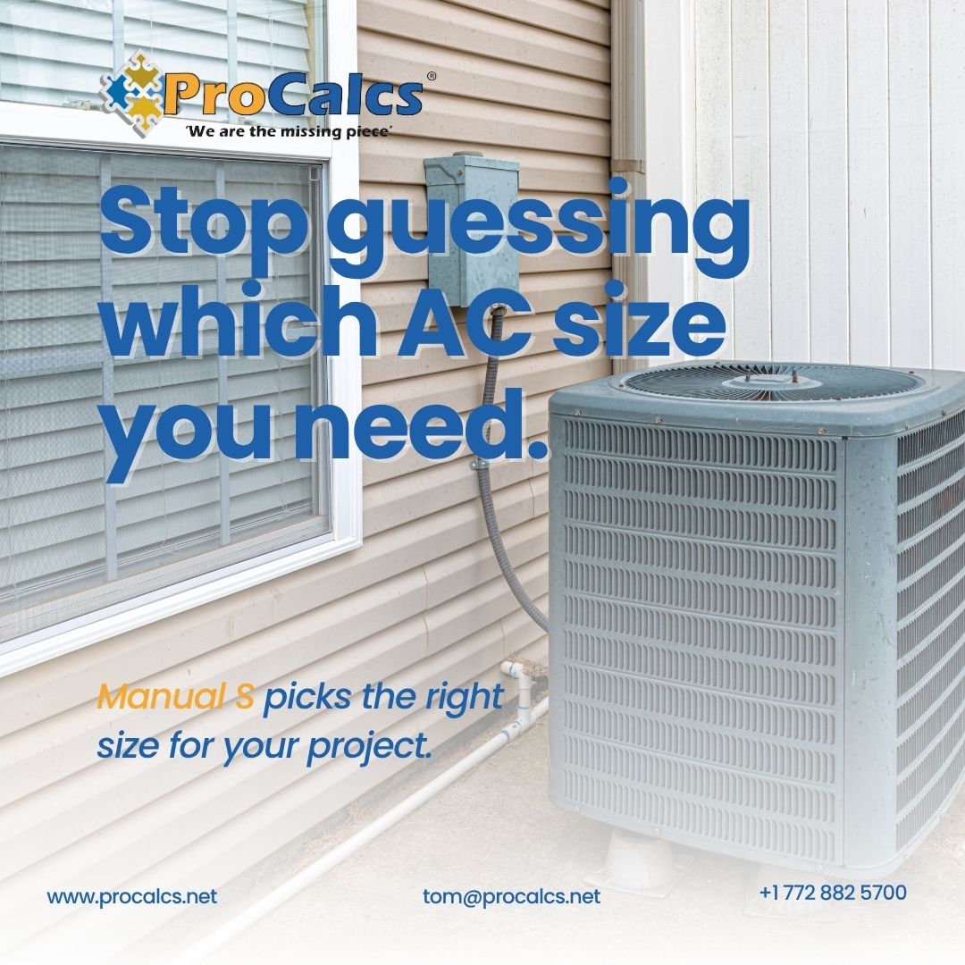 procalcs's tweet image. Wondering what size AC your project really needs?
Manual S gets it right and prevents hot/cold rooms, humidity issues, and failed reviews.
We use ACCA-backed tools to match the correct size.

tom@procalcs.net | procalcs.net 

#ConstructionPlanning #ProCalcs #HVACTips