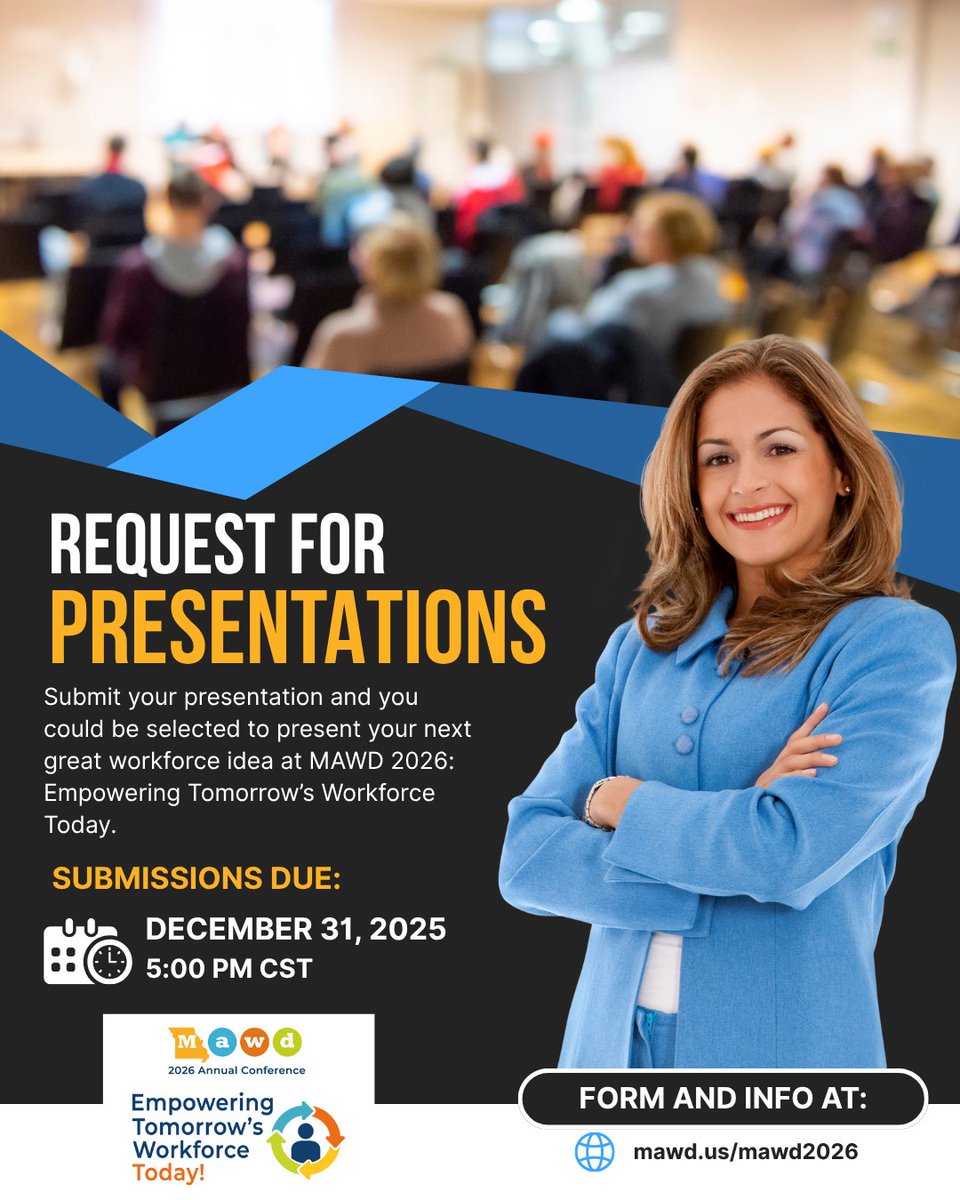 MO_WkDev's tweet image. It's time! Submit your presentations for MAWD 2026. We are looking for pre-conference, keynote, and breakout sessions!

Find out more at mawd.us/mawd2026

#mawd2026 #moworkforce #tomorrowsworkforce