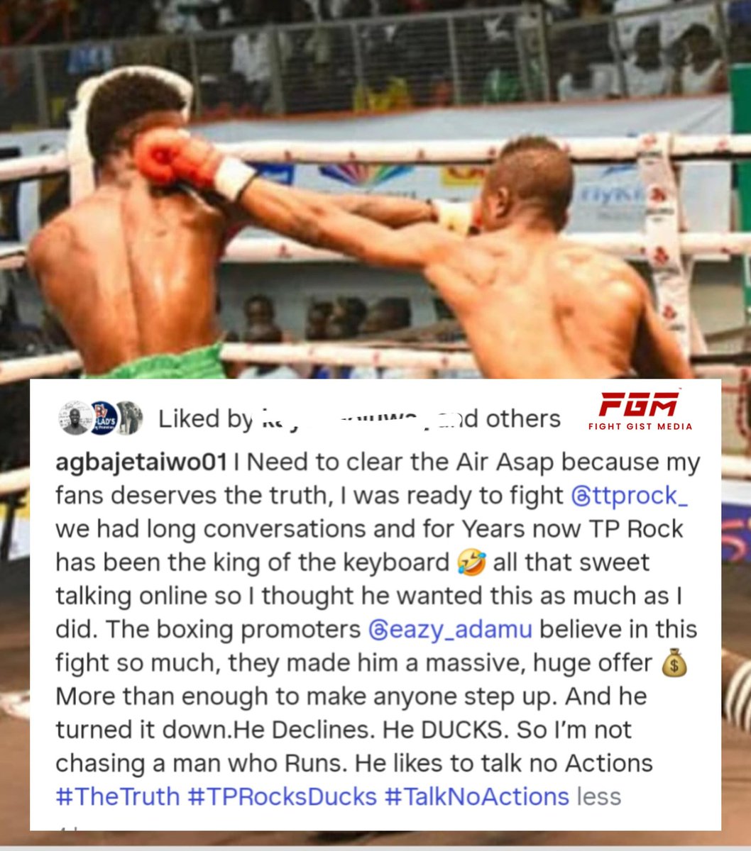 Fightgistmedia's tweet image. Taiwo Agbaje continues to call out TP Rock for their rematch fight, while TP is busy in camp preparing for the WBA Africa title fight on November 29th, on the Zaoch Boxing Promotion card in Abuja...
