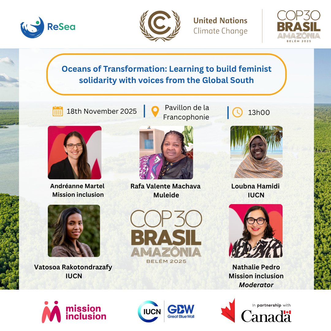 resea_project's tweet image. 📢Join us tomorrow as we spotlight the role of women &amp;amp; feminist movements in building the resilience of coastal communities &amp;amp; protecting coastal and marine ecosystems in the Western Indian Ocean. #ReSeaProject #InclusiveClimateAction #GenderEquality #GreatBlueWall
@CanadaDev