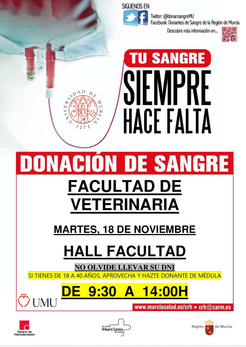 🗓️#Martes 18, doble cita con la VIDA💚
¡¡ven y haz tu mejor🎁el mas solidario!!
🩸Campaña de donación de #Sangre y #Médula en la
<a href="/UMU/">Universidad Murcia</a>💪

🫶 Te esperamos en 👇
🩸Cita con la VIDA, cita con la SOLIDARIDAD💚
 <a href="/biologiaum/">BiologíaUM</a> <a href="/debio_um/">Delegación Biología UM</a> 
<a href="/fac_mur/">Facultad de Veterinaria de Mur</a>