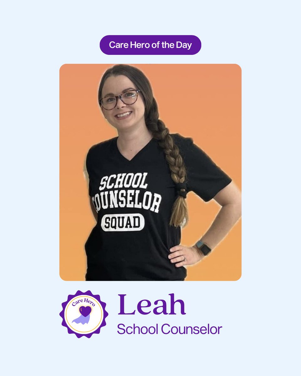 Care Hero of the Day: Leah Brown 💜  Leah, a school counselor in Virginia Beach, believes every student and family deserves access to quality mental health support. Her compassion and advocacy ensure students feel safe, seen, and supported. Thank you, Leah, for all you do!