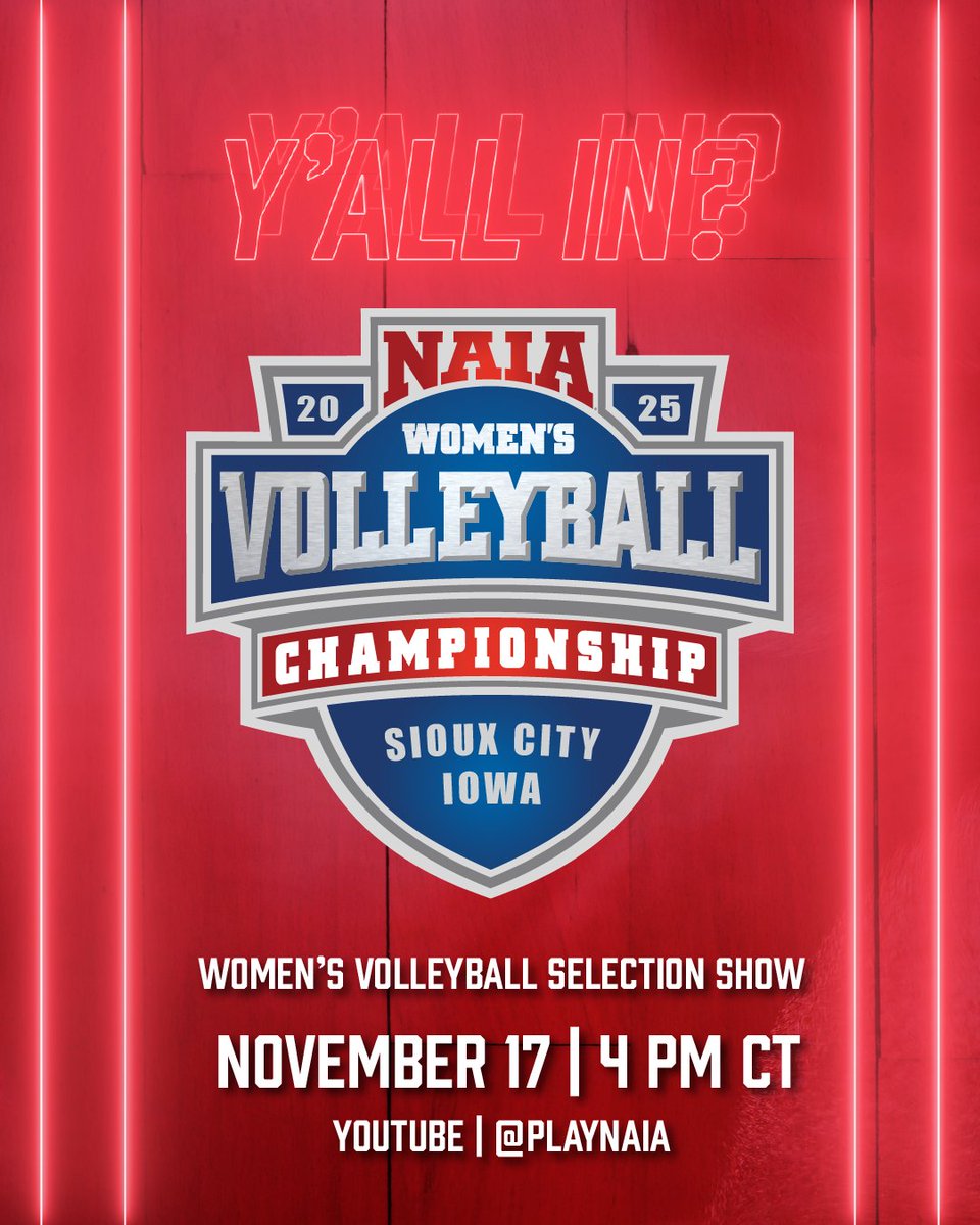 NAIA's tweet image. SET. 

We&apos;re about to find out the 48 teams that will battle it out for the 2025 Women&apos;s Volleyball Red Banner. 

See you at 4 PM CT. 

LEARN MORE: bit.ly/3LUK0jj

#BattleForTheRedBanner