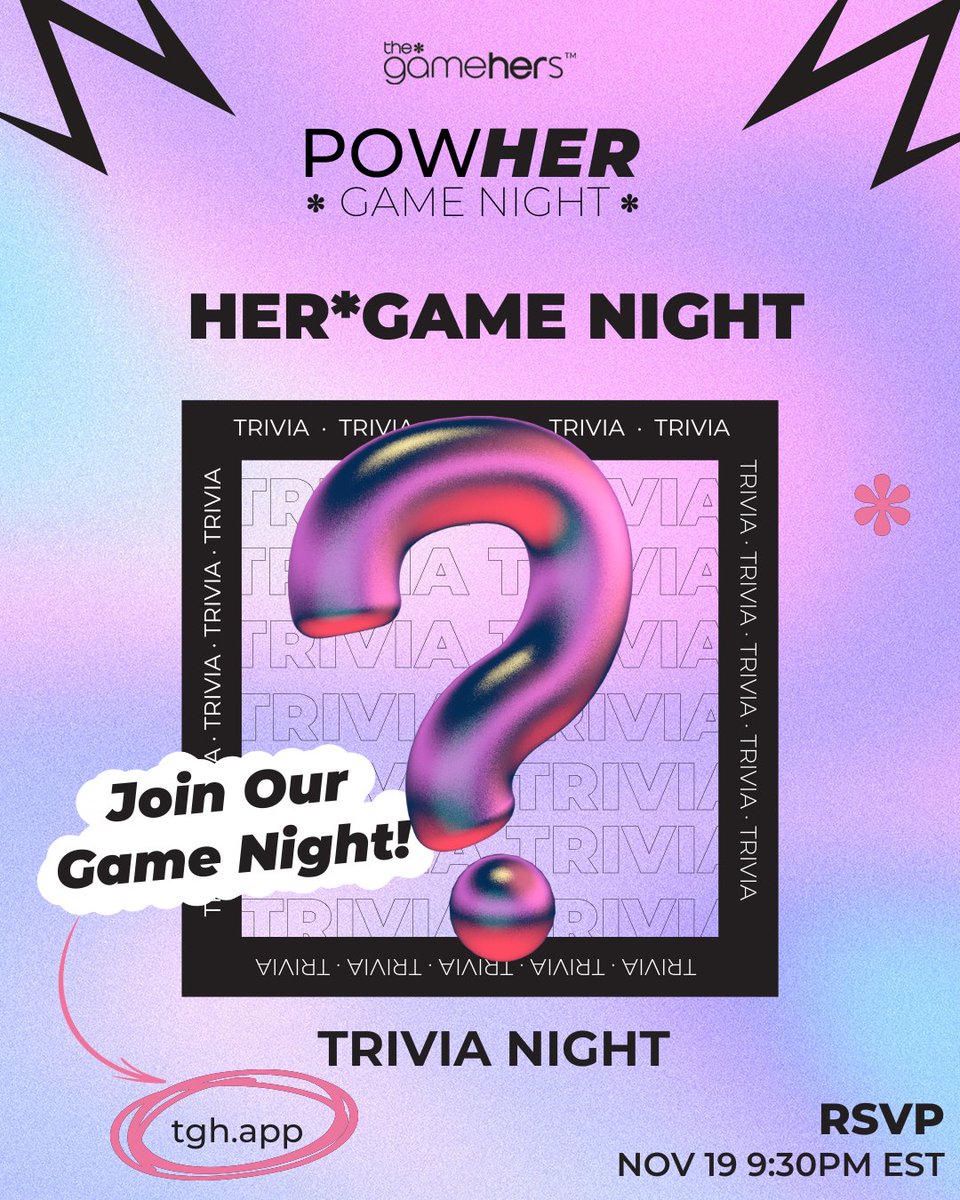 thegamehers's tweet image. Wanna put your gaming knowledge to the test? 🎮💡 Join our Trivia Night next Wednesday Nov 19! 🧠 FREE to join from our GMHRS app, Winner gets a $25 TGH Merch Gift Card 💳, plus +5 extra entries for our PS5 Giveaway for the Top 3! 🎁 RSVP today (🔗 in bio!)  #thegamehers #gmhrs