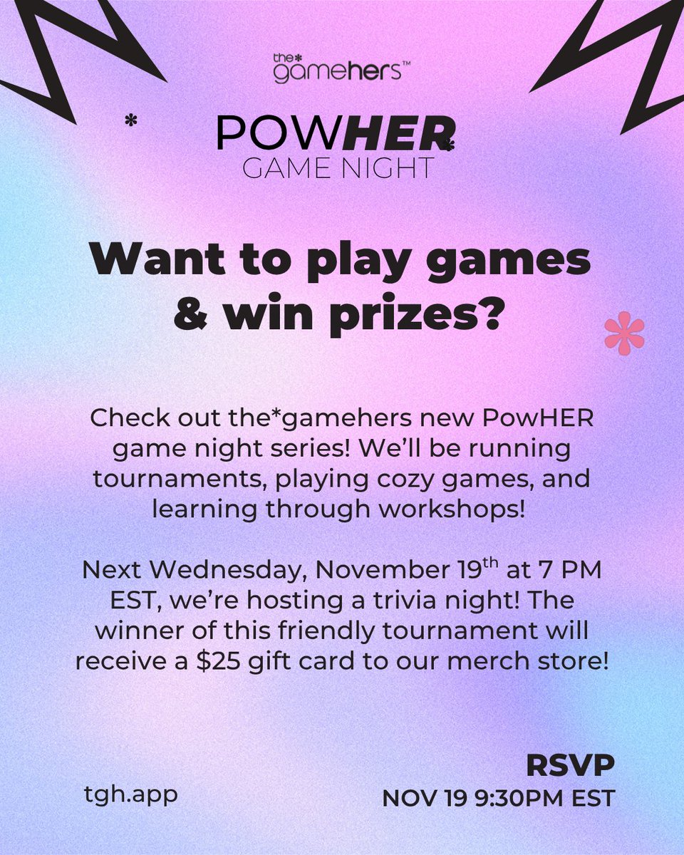 thegamehers's tweet image. Wanna put your gaming knowledge to the test? 🎮💡 Join our Trivia Night next Wednesday Nov 19! 🧠 FREE to join from our GMHRS app, Winner gets a $25 TGH Merch Gift Card 💳, plus +5 extra entries for our PS5 Giveaway for the Top 3! 🎁 RSVP today (🔗 in bio!)  #thegamehers #gmhrs