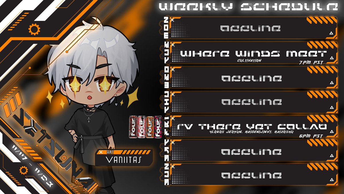 ◺⚙️ Weekly Schedule: 11/17 - 11/23! 🤖◿

Had to take it easy last week, but we back!

Tuesday we will be cultivating in Where Winds Meet bc I just want to play games rn!

Friday we are driving with fellow Loko$ <a href="/RaidenIjinVT/">Raiden Ijin 🍶🔪</a> <a href="/GrafflowStudios/">Jeoyun</a> <a href="/Raizoshu/">「 Raizō ﾒ」</a>  in some RV There Yet!