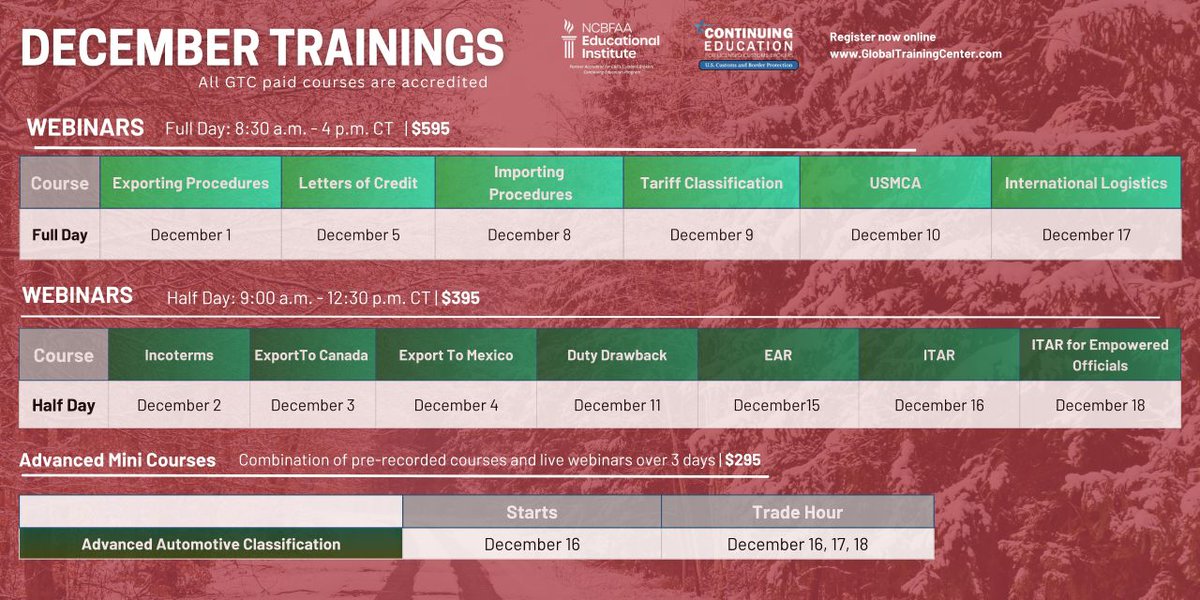 XportNow's tweet image. December virtual learning opportunities for trade professionals this holiday season. 

globaltrainingcenter.com/events/#nextmo…

#export #exportcontrols #import #dutydrawback #incoterms