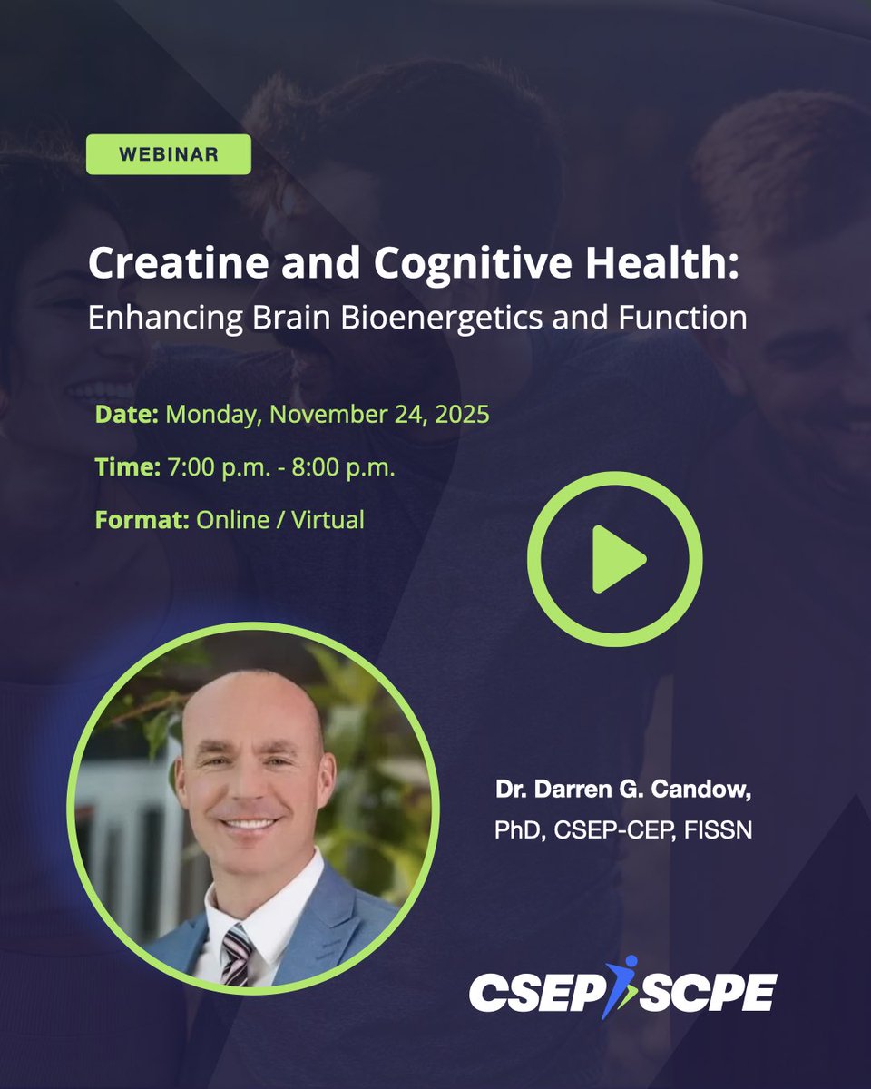 csep_scpe's tweet image. Discover the science behind creatine and brain function. On November 24 at 7:00 p.m. ET, Dr. Darren Candow will share the latest research on how creatine supports memory, mood, and recovery from stress and aging.

Learn more and register: tinyurl.com/596jjb68…