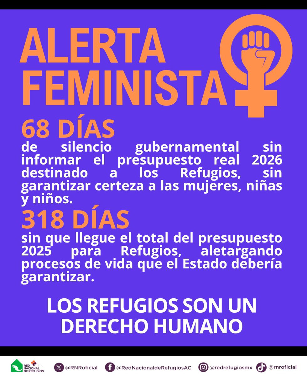 RNRoficial's tweet image. 🛑Sigue la falta del respuesta y nosotras continuamos con la exigencia

⏱️ Cada día sin claridad presupuestal para los #Refugios 🏠 profundiza la desigualdad, la impunidad y vulnera el derecho de mujeres, niñas y niños a la protección.
@mujeresgobmx @Claudiashein @Mx_Diputados