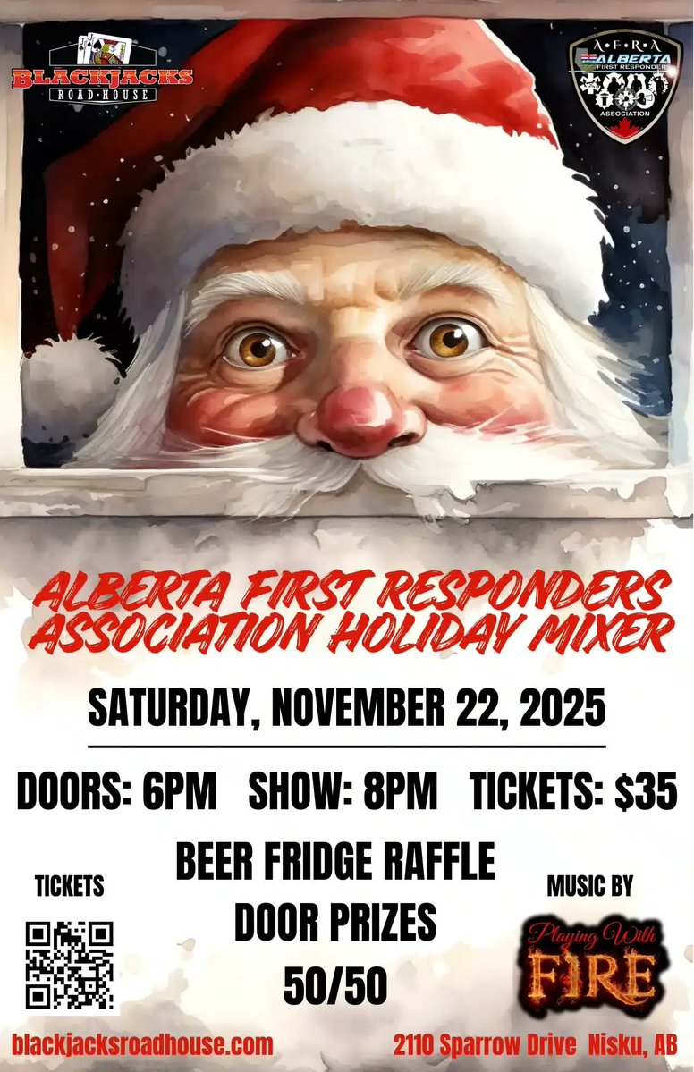 🎉 Brit &amp; I are thrilled to attend the AFRA Holiday Mixer on Nov 22, 2025! Join us to support our First Responders &amp; their mental health initiatives! 🎶

🕕 Doors Open: 6 PM | 🎤 Show: 8 PM
🎟️ $35 Tickets: blackjacksroadhouse.com/events/
📍 Blackjacks Roadhouse, Nisku, AB
##AFRA