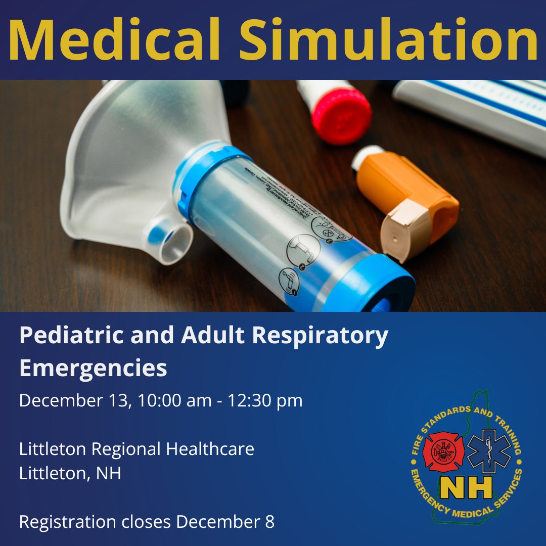 nhfstems's tweet image. We are hosting a free medical simulation in Littleton on respiratory emergencies in adult &amp;amp; pediatric patients with high-fidelity manikins. Registration closes 12/8: nhfa-ems.com/scheduled-cour…
#MedicalSimulation #EMSProvider #EMSConEd #NorthCountryEMS