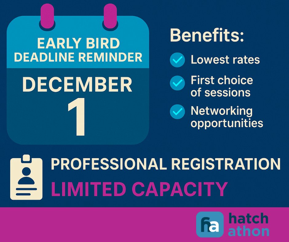 🌟 Early Bird Reminder!
Save your spot for Winter 2026 by Dec 1 — space is filling fast.
Professionals, sponsors, and students all benefit.
Only 2 weeks left.
Register: hatchathon.hatchfairhope.com/register
#Hatchathon #EarlyBird #Innovation