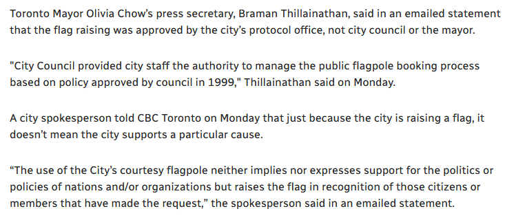 To be clear, Toronto mayor Olivia Chow had nothing to do with this. She was not responsible for approving the event, and she did not show up. Do not give her credit for anything she does not deserve. cbc.ca/news/canada/to…