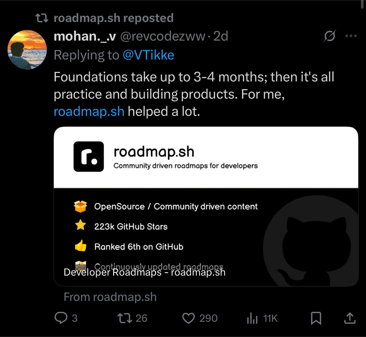 revcodezww's tweet image. Okay… @roadmapsh actually retweeted my reply 😳
Didn’t expect this, but I’ll take it.
More dev insights coming 🔥