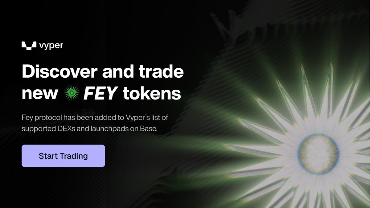 TradeonVyper's tweet image. The most powerful terminal for Base trenching now supports @feyprotocol  

Catch the best Base plays on -&amp;gt; vyper.trade
