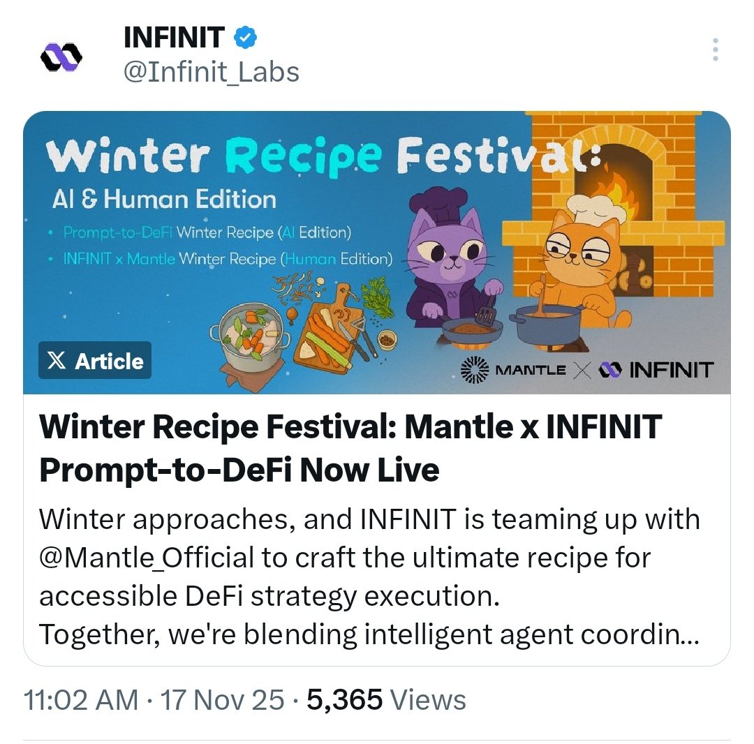 ShockerWeb3's tweet image. Winter’s almost here, and @Infinit_Labs is teaming up with @Mantle_Official to make DeFi strategy execution effortless.

They are  bringing intelligent agent coordination into the Mantle ecosystem so users can turn simple ideas into real, on-chain strategies no technical hurdles,…