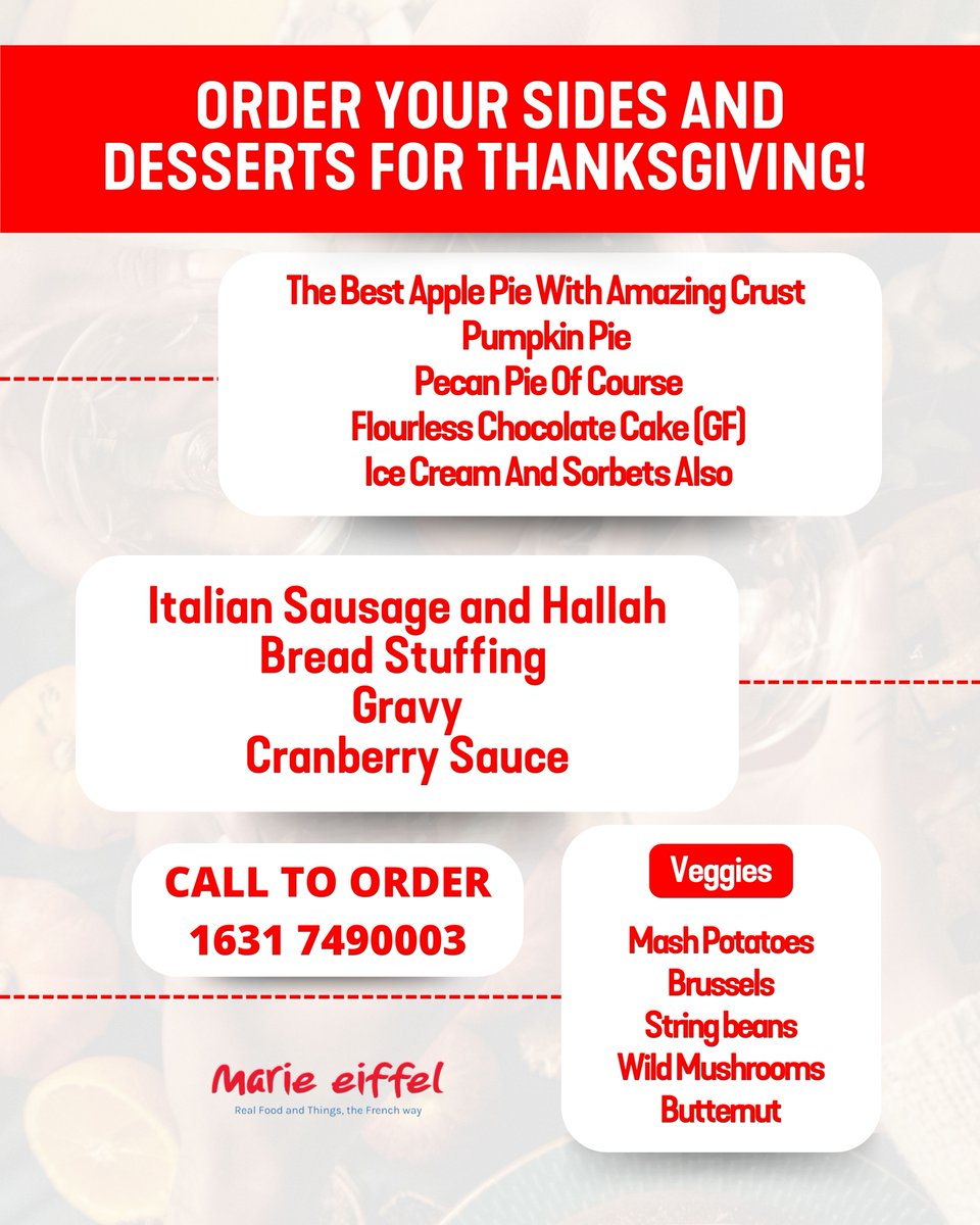 marieeiffel's tweet image. Your Thanksgiving feast deserves a spectacular supporting cast… and we’ve prepared every delicious detail. 🥧🍂

📞 Call 1631 7490003 to order your sides &amp;amp; sweets!
Make Thanksgiving deliciously unforgettable — the Marie Eiffel way. 🤍
#MarieEiffel #ThanksgivingFeast