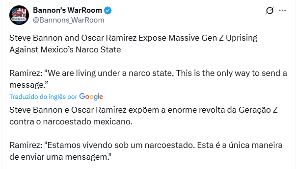 O MAGA acaba de assinar embaixo da revolta no México contra Claudia Sheinbaum, com Bannon liderando o coro. Será que é só retórica ou tem dedo por trás? 🤡🤔