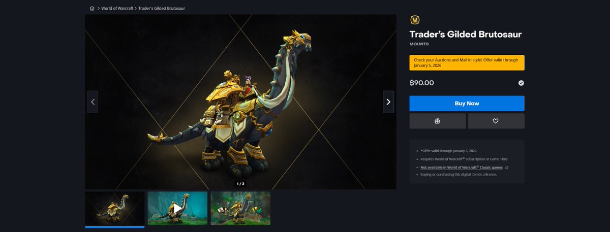 Wowhead's tweet image. The Reins of the Trader&apos;s Gilded Brutosaur auction house mount has returned to the World of Warcraft in-game store!

#WarWithin #Warcraft 

wowhead.com/news/traders-g…