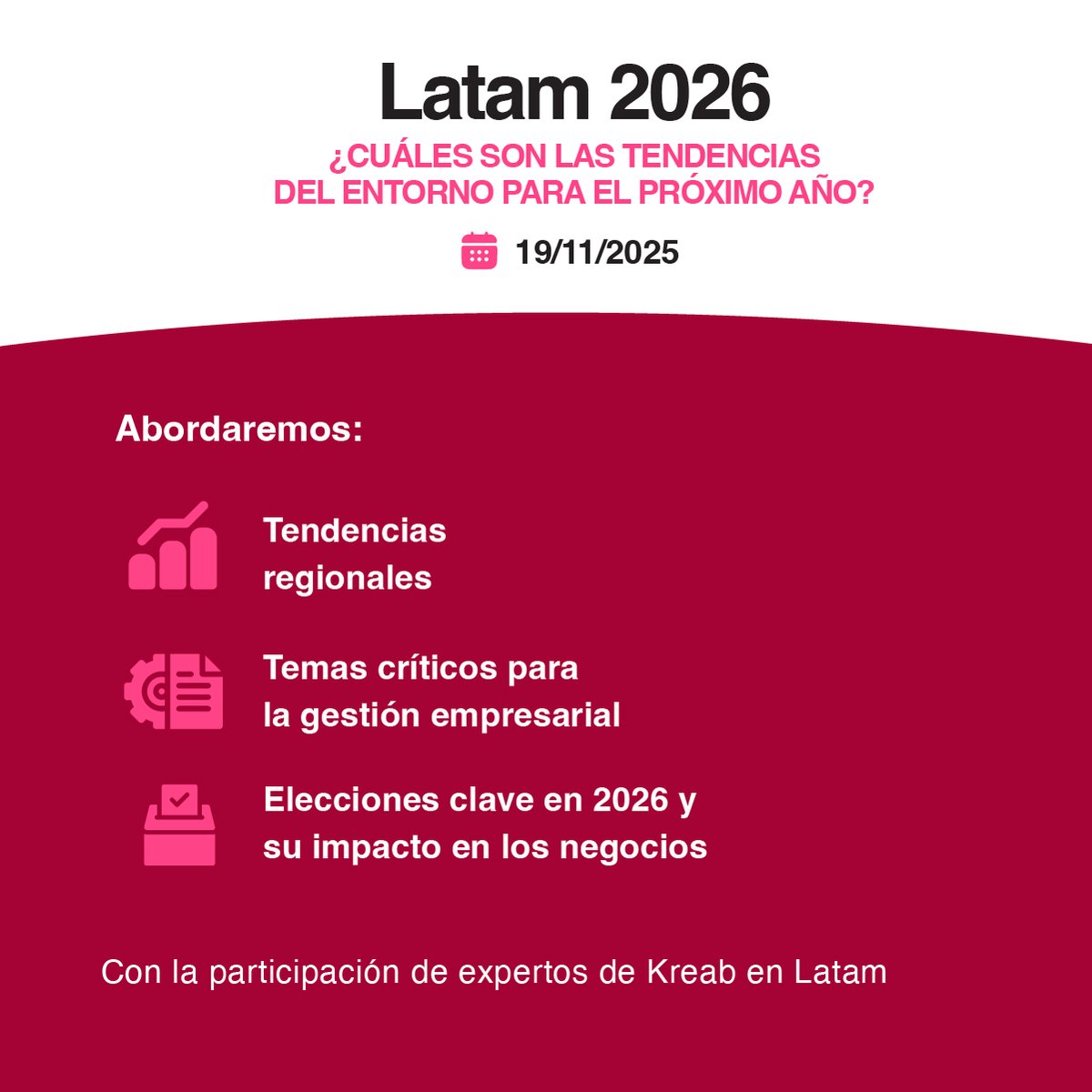 #Latam2026

Este 19 de noviembre, trazaremos escenarios y claves de gestión para el próximo año con expertos de #Kreab en Latinoamérica: tendencias regionales, asuntos críticos para la operación y el gobierno corporativo. Inscríbete: 👇👇👇

kreab.tufabricadeventos.com/tmp/13079/form…