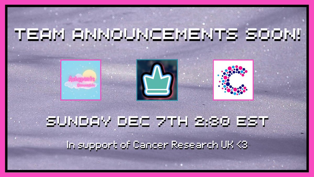 Big news!

The first Ashypants gamenight is happening on the 7th of December at 7:30pm GMT! We are hosting a Frostwars 7 gamenight in support of Cancer Research UK!

Teams later this week :3