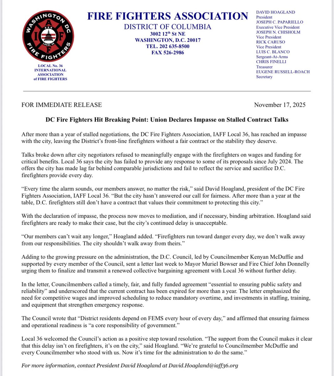 SegravesNBC4's tweet image. After more than 2 years of negotiations and 13 months since DC Firefighters have had a raise, @IAFF36 declares an impasse in contract negotiations. @nbcwashington