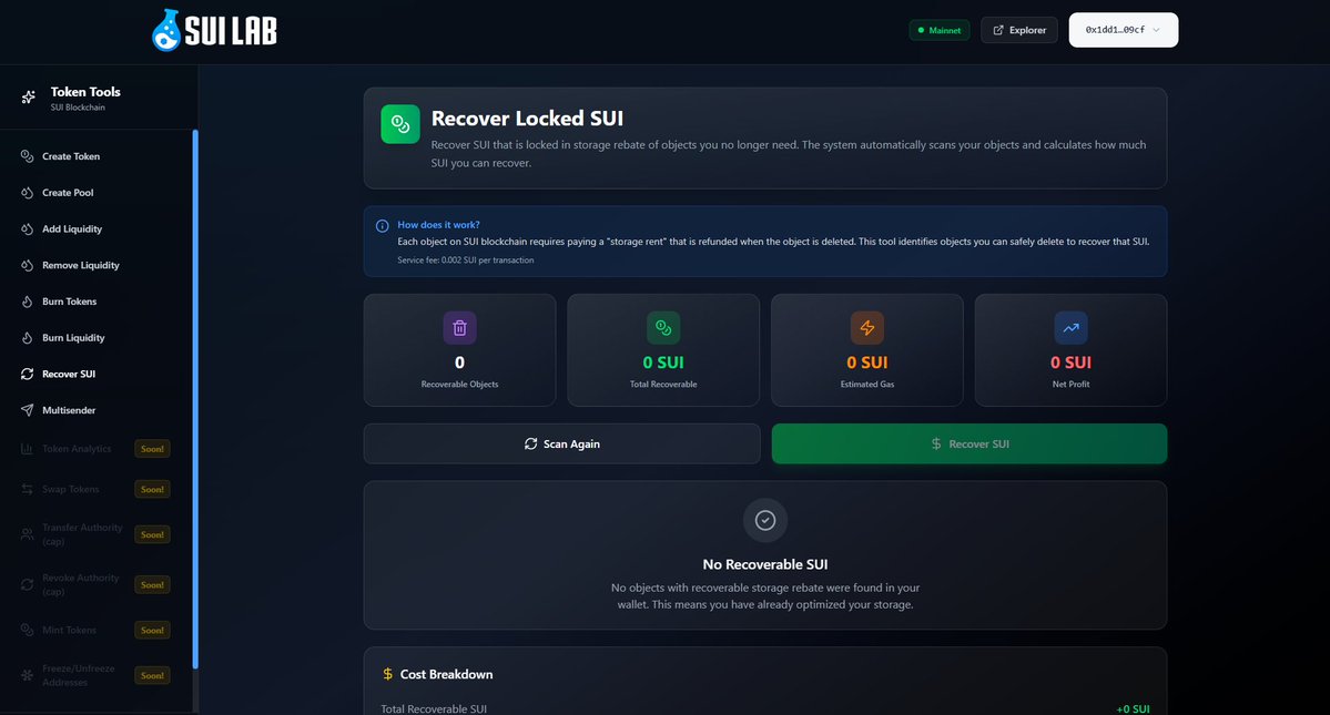 suilabdotfun's tweet image. Tired of locked SUI? 💰 

Our Dapp&apos;s new &quot;Recover SUI&quot; feature helps you reclaim SUI from deleted objects! Optimize your storage and get your SUI back. Check it out now! 🚀 

#SUI #Crypto #Dapp #DeFi #recoverSUI