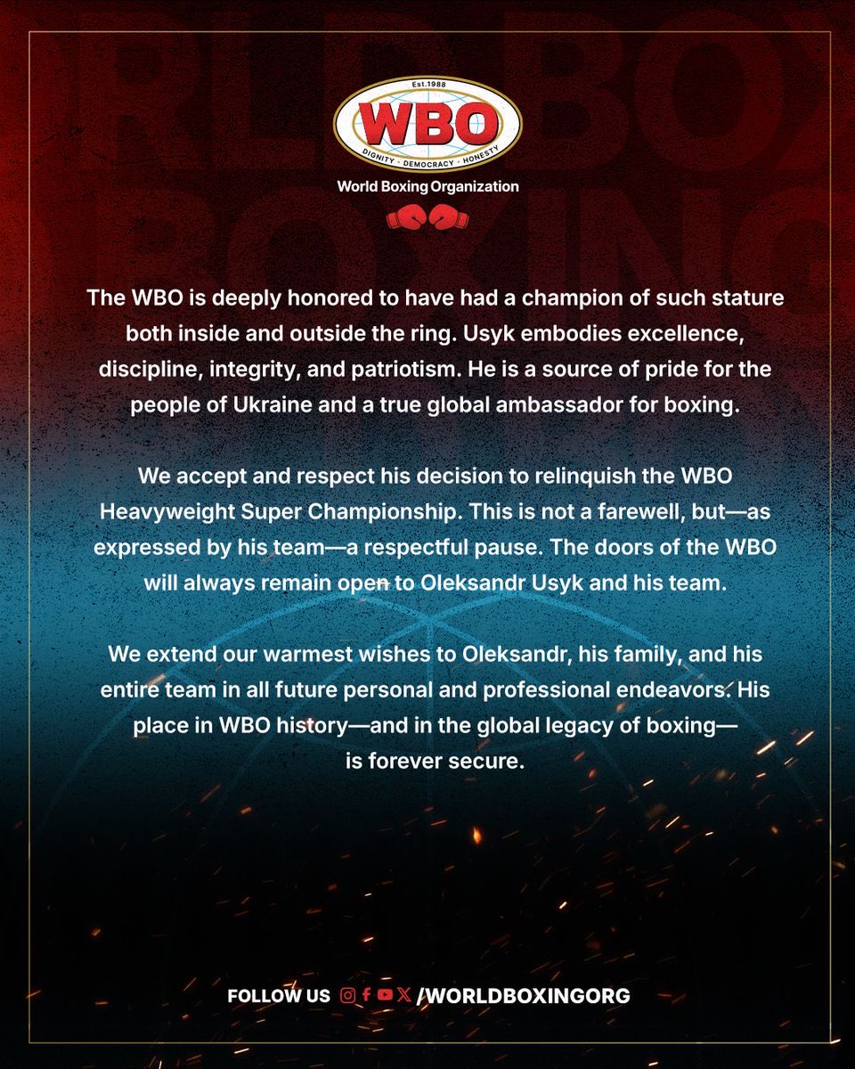 WorldBoxingOrg's tweet image. Oleksandr Usyk has relinquished the WBO Heavyweight Championship.

The WBO honors his historic career and calls this a respectful pause—not a farewell.
