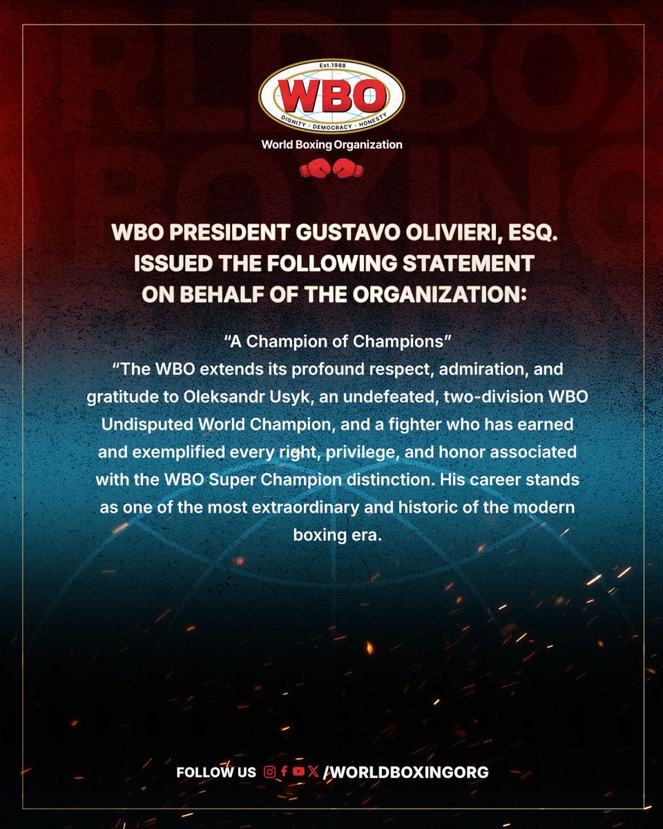 WorldBoxingOrg's tweet image. Oleksandr Usyk has relinquished the WBO Heavyweight Championship.

The WBO honors his historic career and calls this a respectful pause—not a farewell.