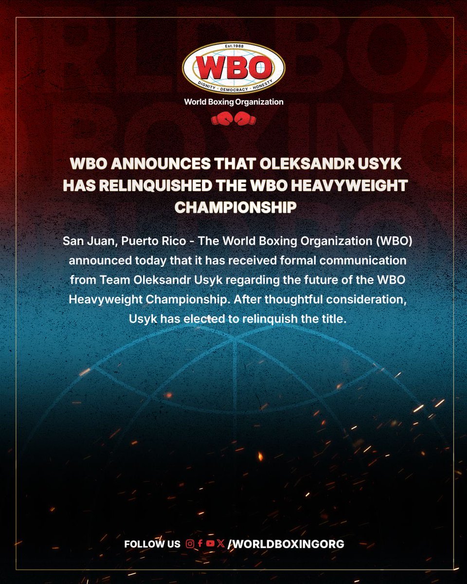 WorldBoxingOrg's tweet image. Oleksandr Usyk has relinquished the WBO Heavyweight Championship.

The WBO honors his historic career and calls this a respectful pause—not a farewell.