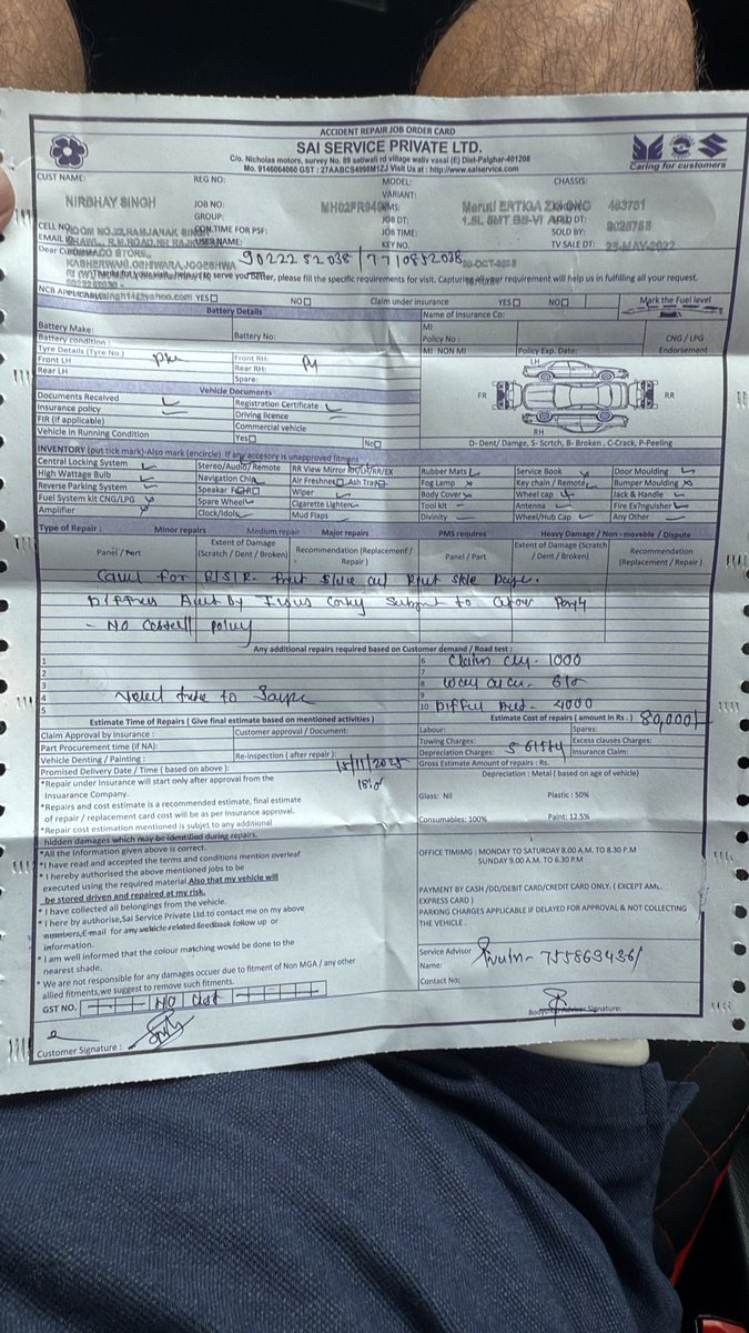 nirbhay14_10's tweet photo. @SaiServiceIndia @Maruti_Corp 

 @SaiServiceIndia Team,

I had given my car to Sai Service for accidental repair 25 days ago, but till now I have not received any proper update from your side. I have been continuously following up, yet there has been no response from the team. https://t.co/33Yn3Zykf5