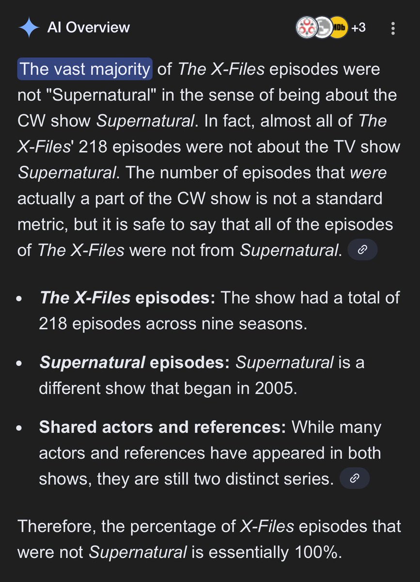 EmmaTolkin's tweet image. Was wondering how many episodes of The X-Files turned out not to have a supernatural element/cause (like S2’s “Irresistible”) and the AI overview has me CRYING. Thanks, Google. This is exactly what I meant. Definitely worth burning down forests and poisoning towns! 👍