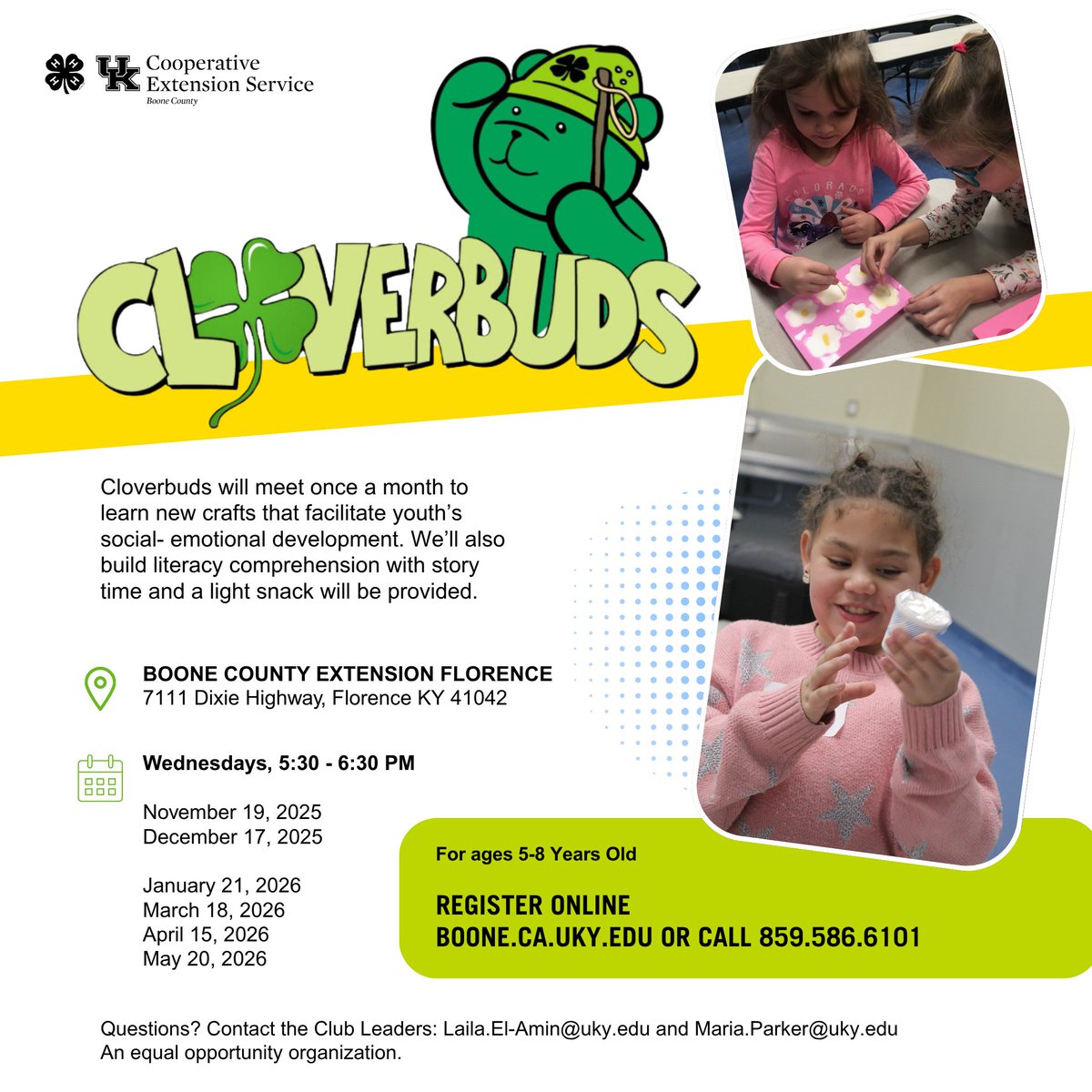 BooneKYExt's tweet image. There are still spots available for out November 19th Cloverbud meeting. For ages 5-8. Please call the office at 859.586.6101 to register!

#YouthDevelopment #dance #activitiesforkids #kentucky #boonecountyky