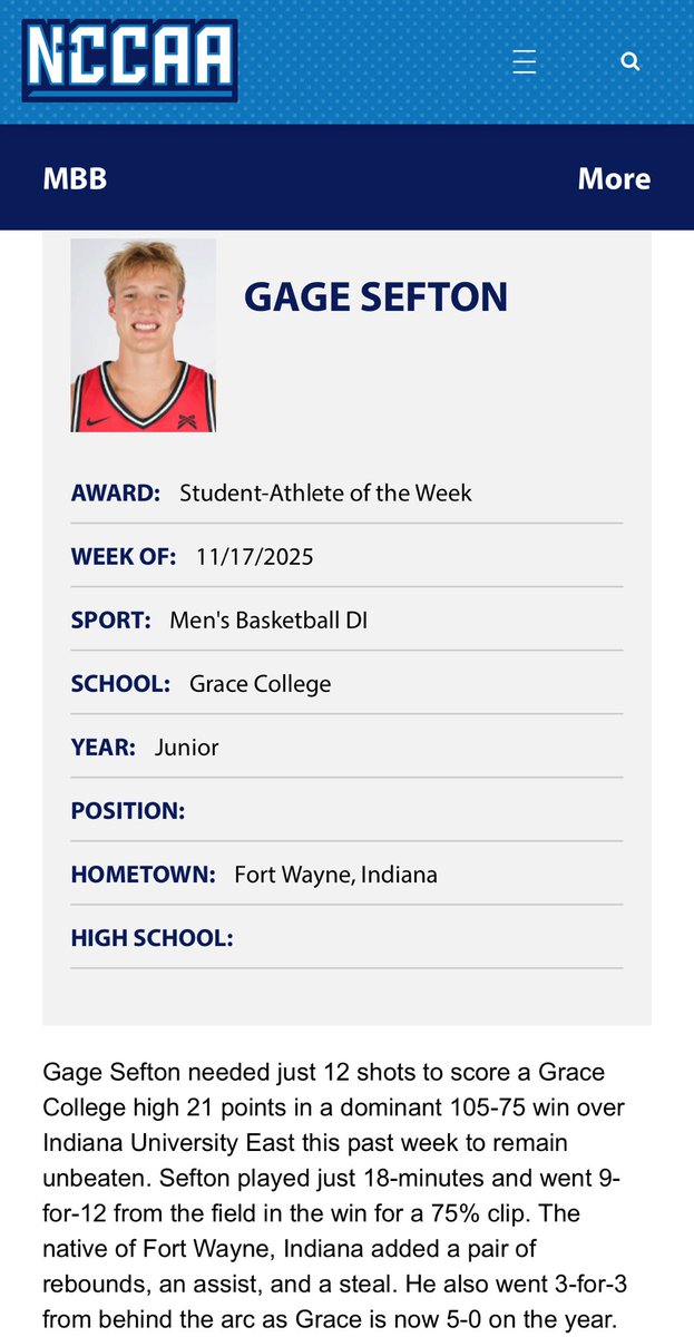 GraceBasketball's tweet image. Congrats to ⁦@SeftonGage⁩ on being selected as the NCCAA National Player of the Week!