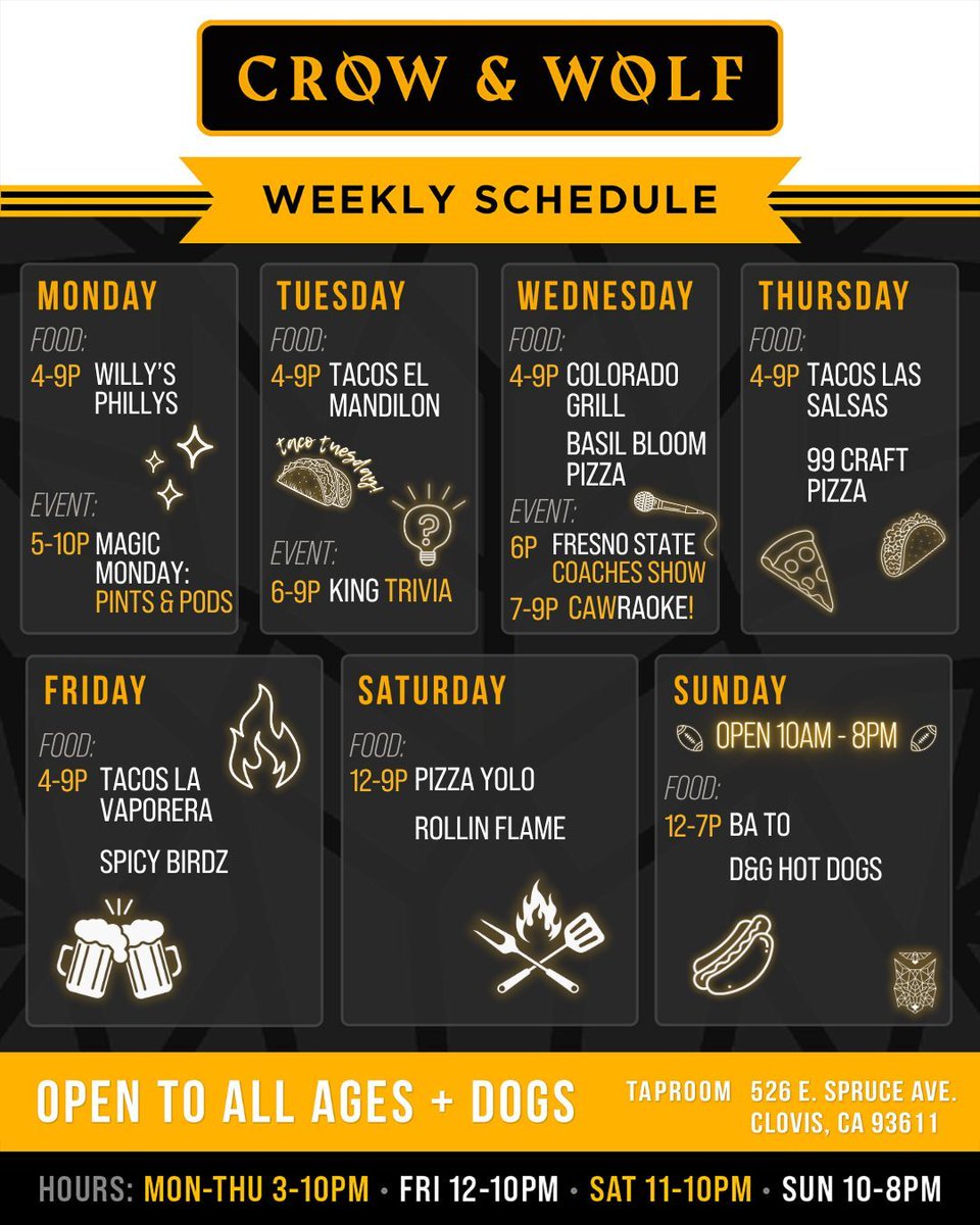 CAWBrewingCo's tweet photo. This week at Crow &amp; Wolf 🎉 Cheers to a great week, y'all! 🍻🫶 

#crowandwolfbrewing #cawbrewing #crowandwolf #taproom #california #californiabeer #beer #craftbeer #drinklocal #drinkbeer #hardseltzers #brewery #clovis #fresno #centralvalley https://t.co/1nu8Kd83ud