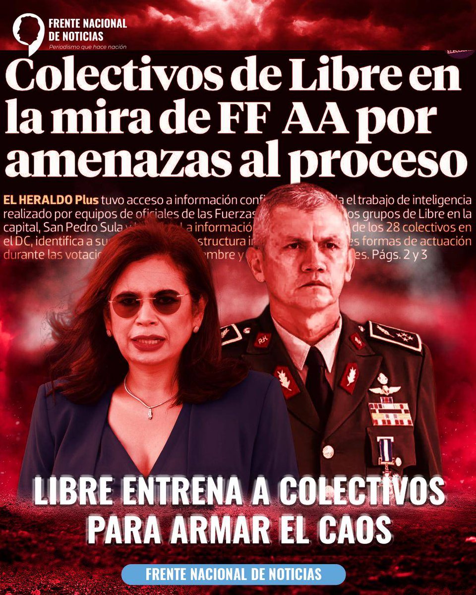 FNNHonduras's tweet image. Las Fuerzas Armadas de Honduras intensifican la vigilancia sobre colectivos de Libre.

Informes confidenciales indican que estos grupos estarían siendo entrenados para generar caos , representando una seria amenaza para el proceso electoral
#Honduras #Libre #FFAA #RiesgoElectoral