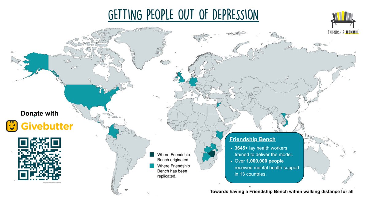 friendshipbench's tweet image. Mental health support should be within everyone's reach. Help bring a Friendship Bench within walking distance in your community here: friendshipbench.org/donate. To donate in other forms please reach out to support@friendshipbench.org

#MentalHealthForAll #FriendshipBench