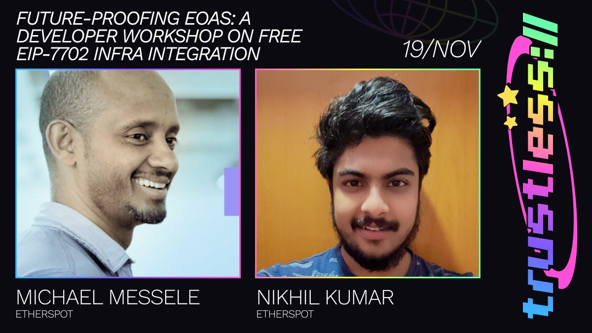 trustlessconf's tweet image. mempool --&amp;gt; censorship resistance --&amp;gt; trustlessness

@etherspot has been at the forefront of advancing the UserOp mempool.

@mm319 &amp;amp; @Nikhil_1612 will guide you through integrating the censorship-resistant and free EIP-7702 infrastructure SDK, created with a grant from @EF_ESP