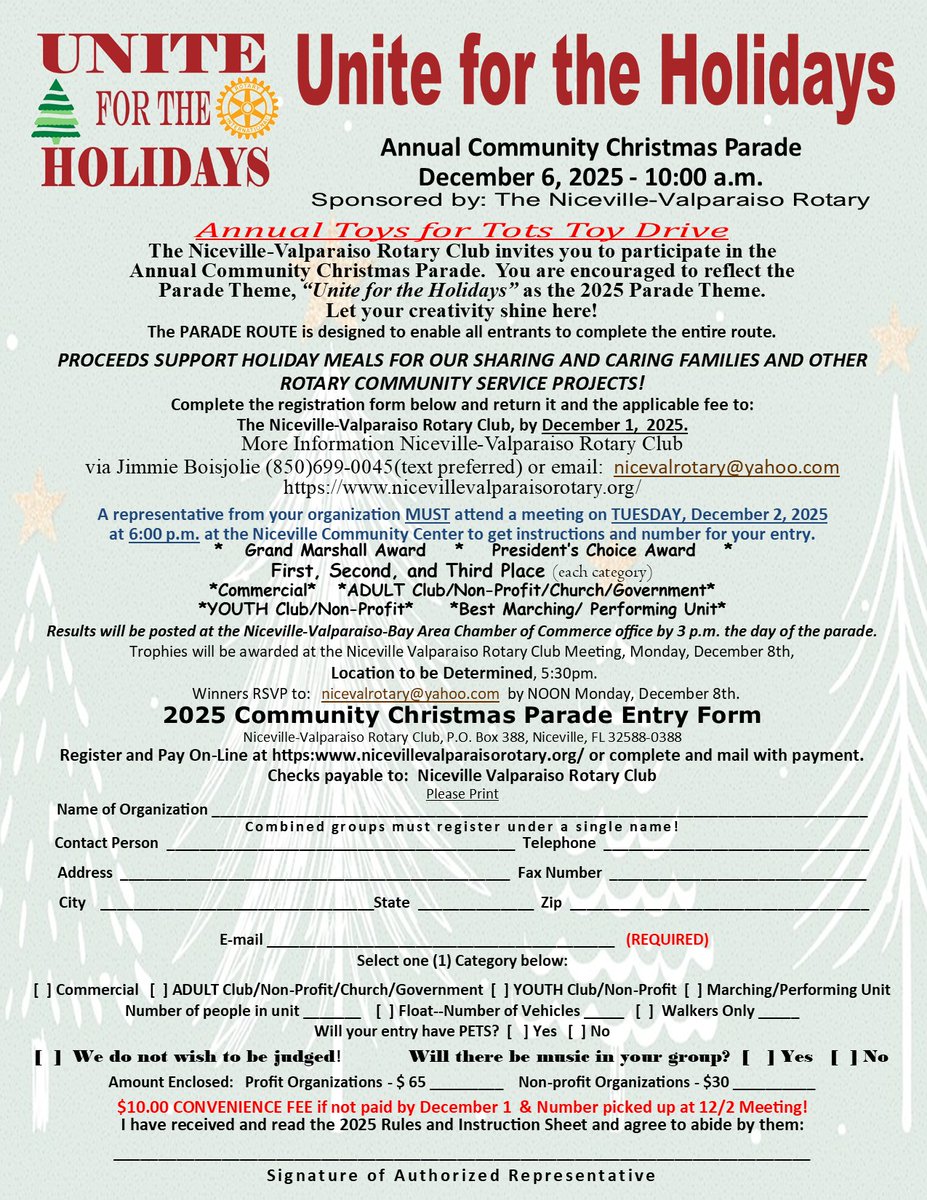 NicevilleRotary's tweet photo. #Unitefortheholidays Time to get ready for the Niceville Valparaiso Christmas Parade sponsored by the Niceville Valparaiso Rotary Club!
Saturday, December 6, 10:00am
REGISTER TODAY to participate in the Parade!!!!
#christmasparade #nicevilleparade https://t.co/fjthFE8NwP